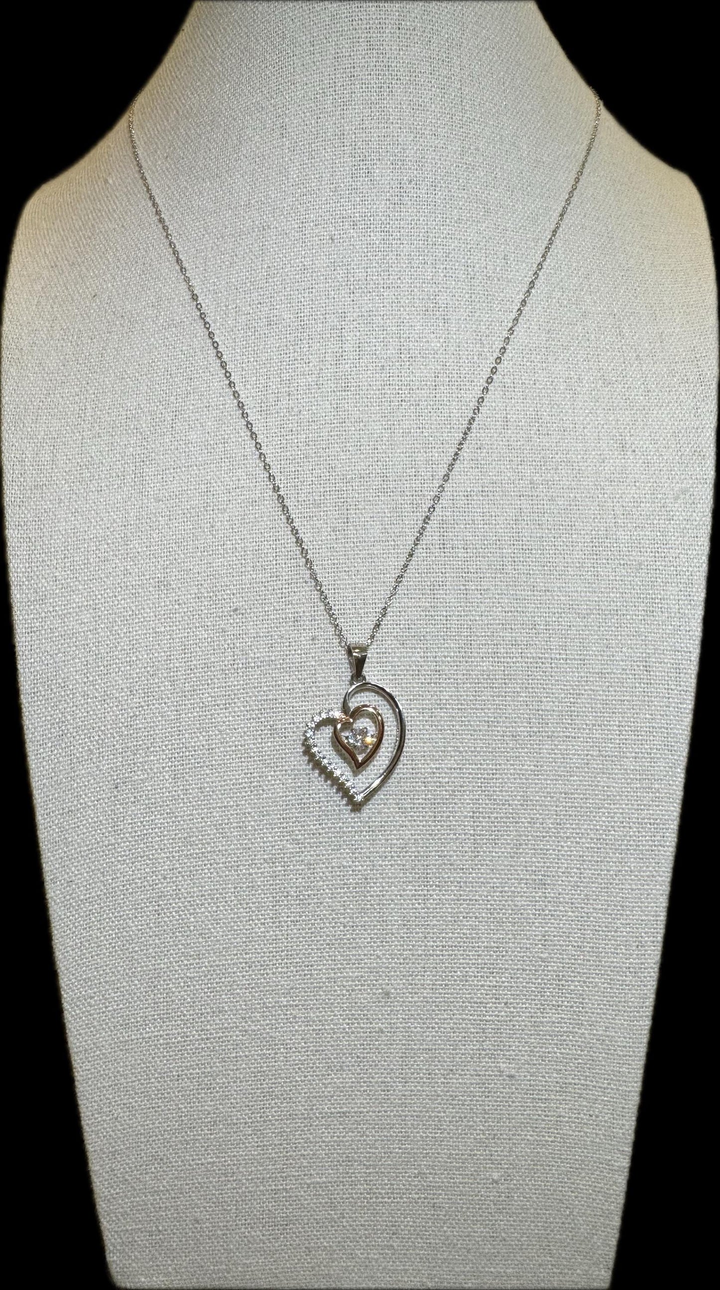 Sterling Silver Double Heart Pendant Necklace with Cubic Zirconia Center – Romantic Gift for Her