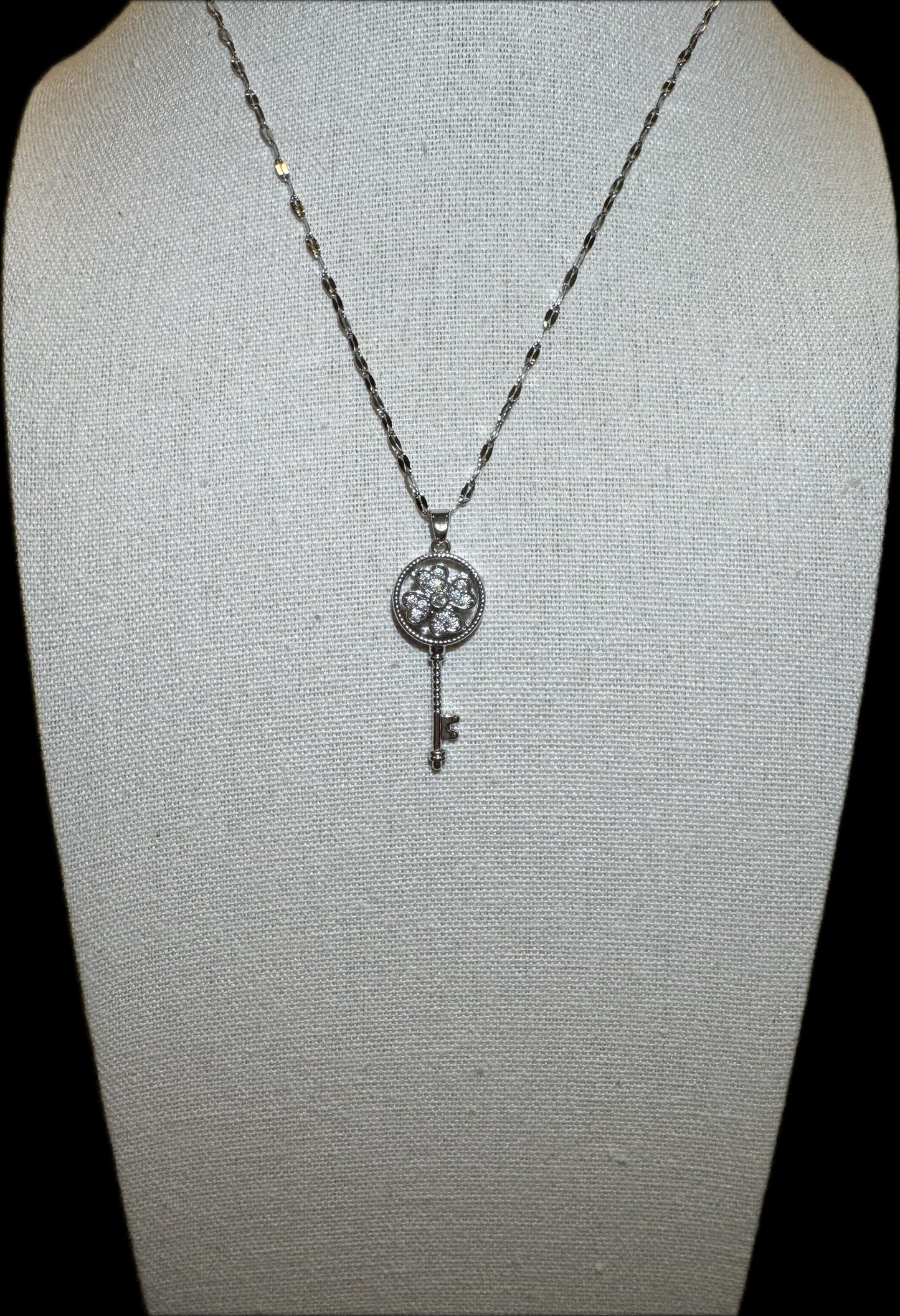 Silver Spinning Key-Shape (Type #2) Necklace with Cubic Zirconia – Anxiety Relief Jewelry