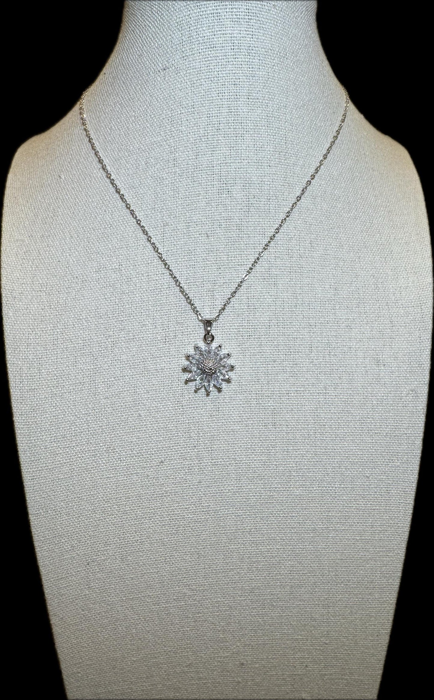 Dainty Silver Sunflower Necklace with Cubic Zirconia – Minimalist Floral Pendant Gift
