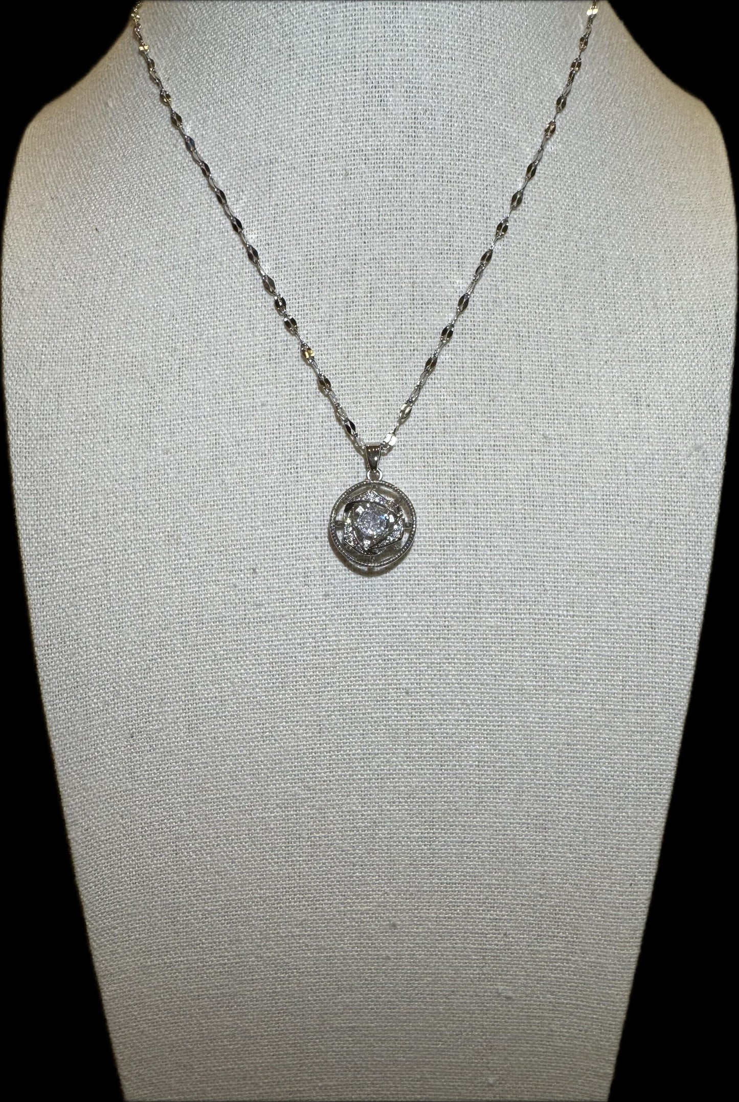 Silver Spinning Rose Blossom Necklace with Cubic Zirconia – Anxiety Relief Jewelry