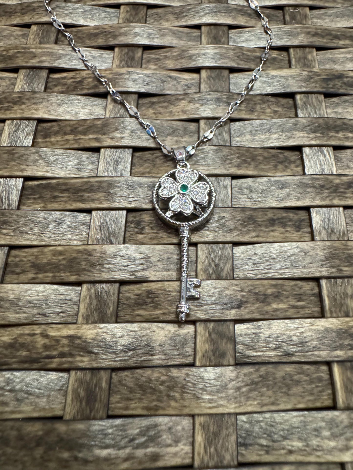 Silver Spinning Key-Shape (Type #1) Necklace with Cubic Zirconia – Anxiety Relief Jewelry