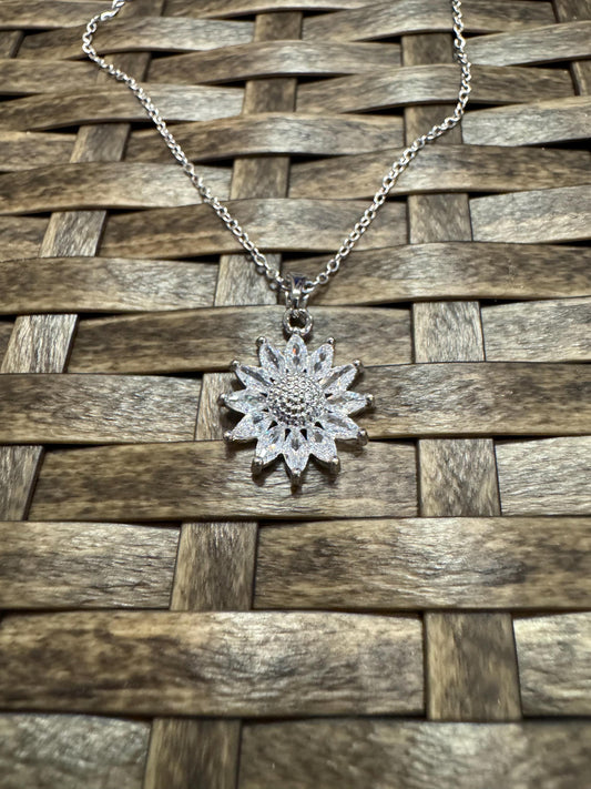 Dainty Silver Sunflower Necklace with Cubic Zirconia – Minimalist Floral Pendant Gift