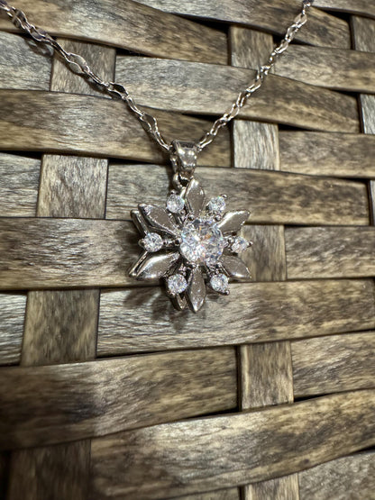 Silver Spinning Snowflake (Type #2) Necklace with Cubic Zirconia – Anxiety Relief Jewelry
