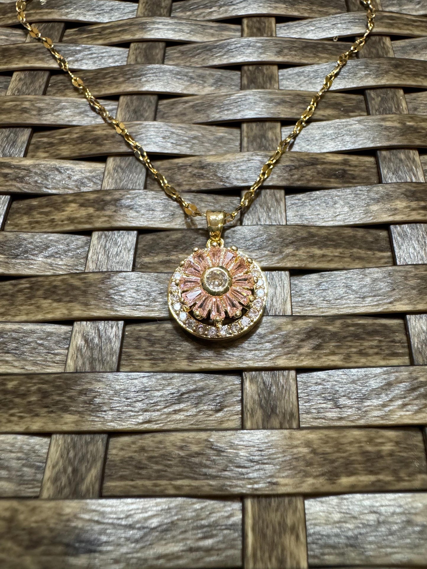 Spinning Pink Sunflower Necklace – Dainty CZ Spinner Pendant for Stress Relief
