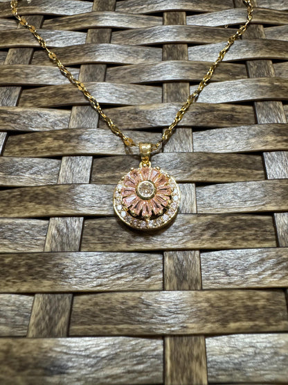 Spinning Pink Sunflower Necklace – Dainty CZ Spinner Pendant for Stress Relief