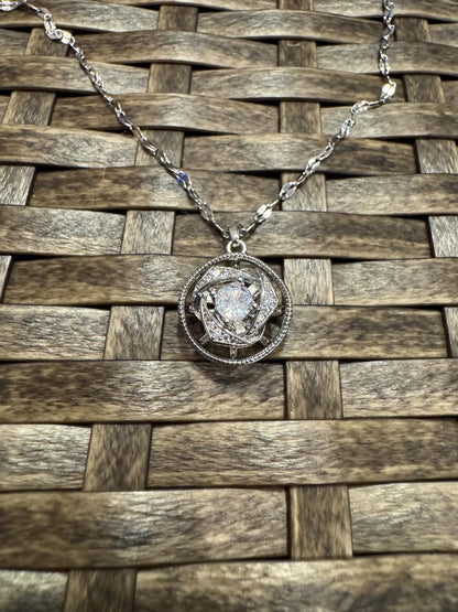 Silver Spinning Rose Blossom Necklace with Cubic Zirconia – Anxiety Relief Jewelry