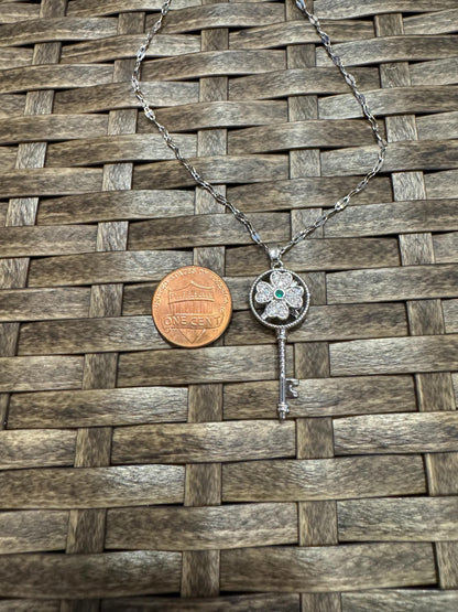 Silver Spinning Key-Shape (Type #1) Necklace with Cubic Zirconia – Anxiety Relief Jewelry