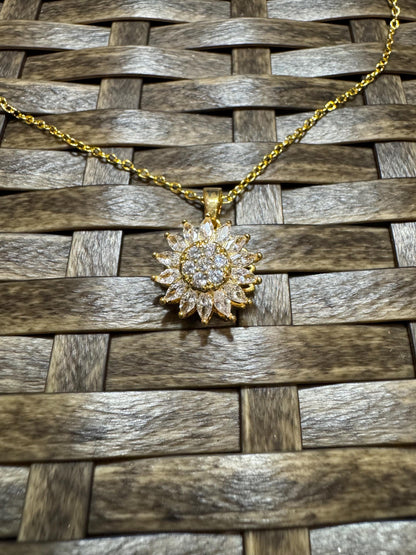 Gold Spinning Sunflower (Type #1) Necklace with Cubic Zirconia – Anxiety Relief Jewelry