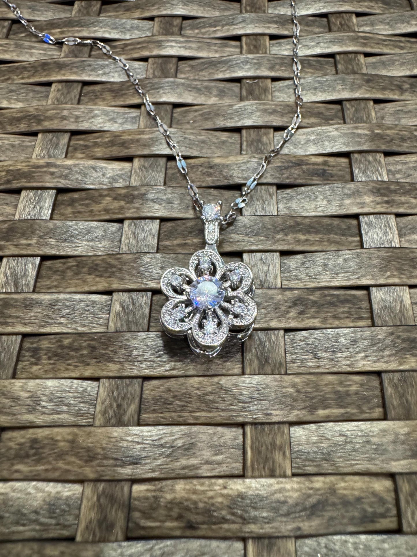 Silver Spinning Flower Charm Necklace with Cubic Zirconia – Anxiety Relief Jewelry