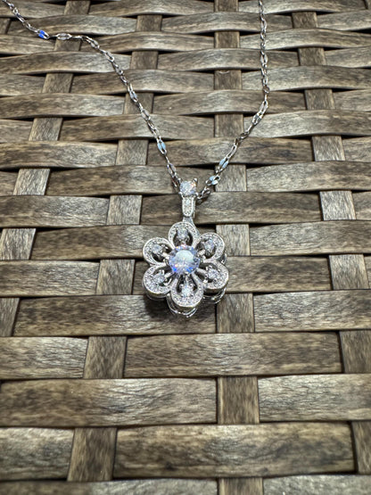 Silver Spinning Flower Charm Necklace with Cubic Zirconia – Anxiety Relief Jewelry
