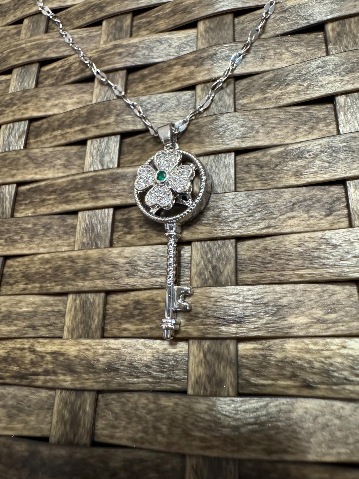 Silver Spinning Key-Shape (Type #1) Necklace with Cubic Zirconia – Anxiety Relief Jewelry