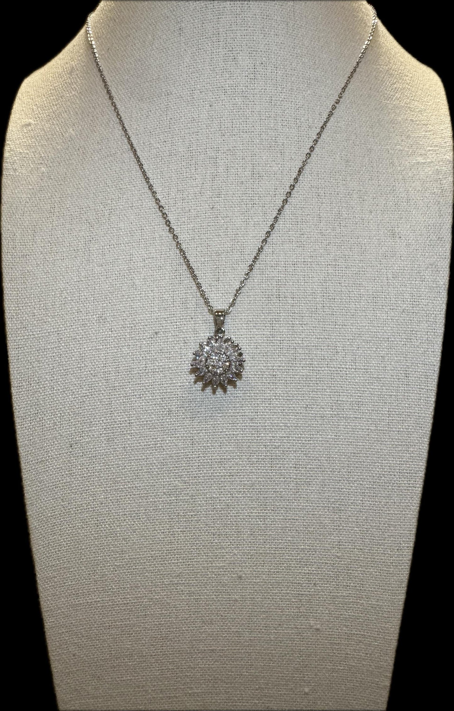 Silver Spinning Sunflower (Type #1) Necklace with Cubic Zirconia – Anxiety Relief Jewelry