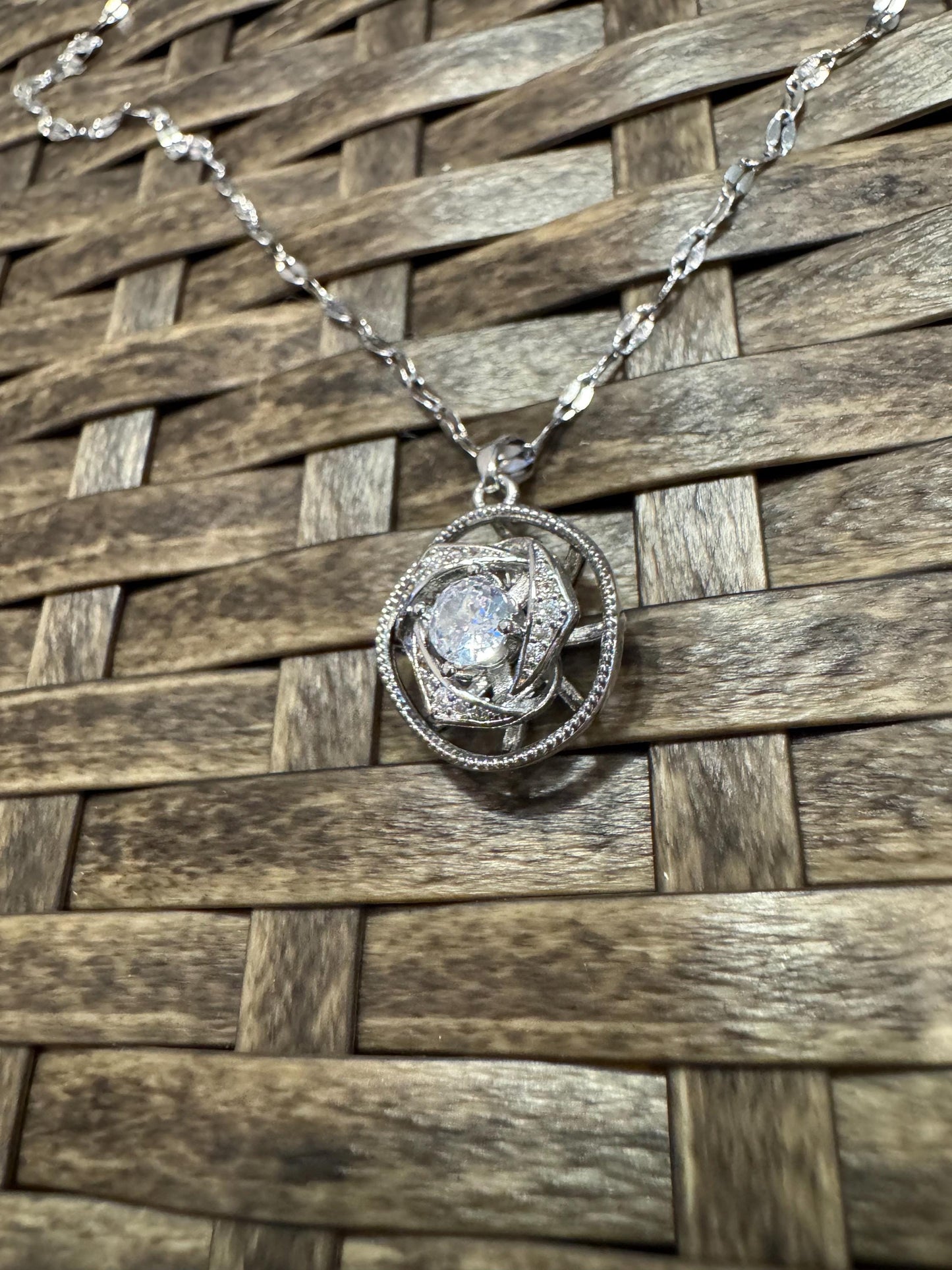 Silver Spinning Rose Blossom Necklace with Cubic Zirconia – Anxiety Relief Jewelry
