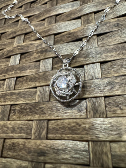 Silver Spinning Rose Blossom Necklace with Cubic Zirconia – Anxiety Relief Jewelry