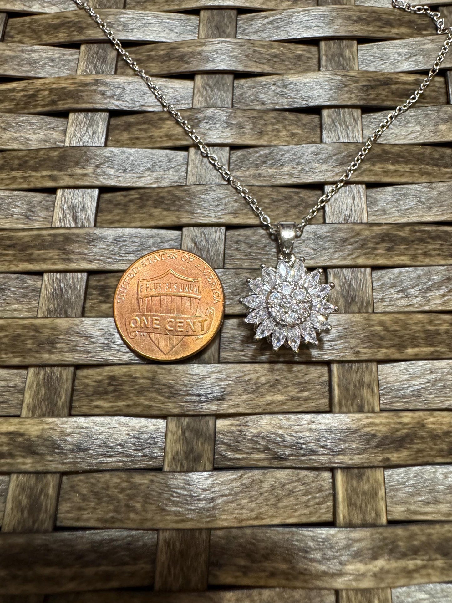 Silver Spinning Sunflower (Type #1) Necklace with Cubic Zirconia – Anxiety Relief Jewelry