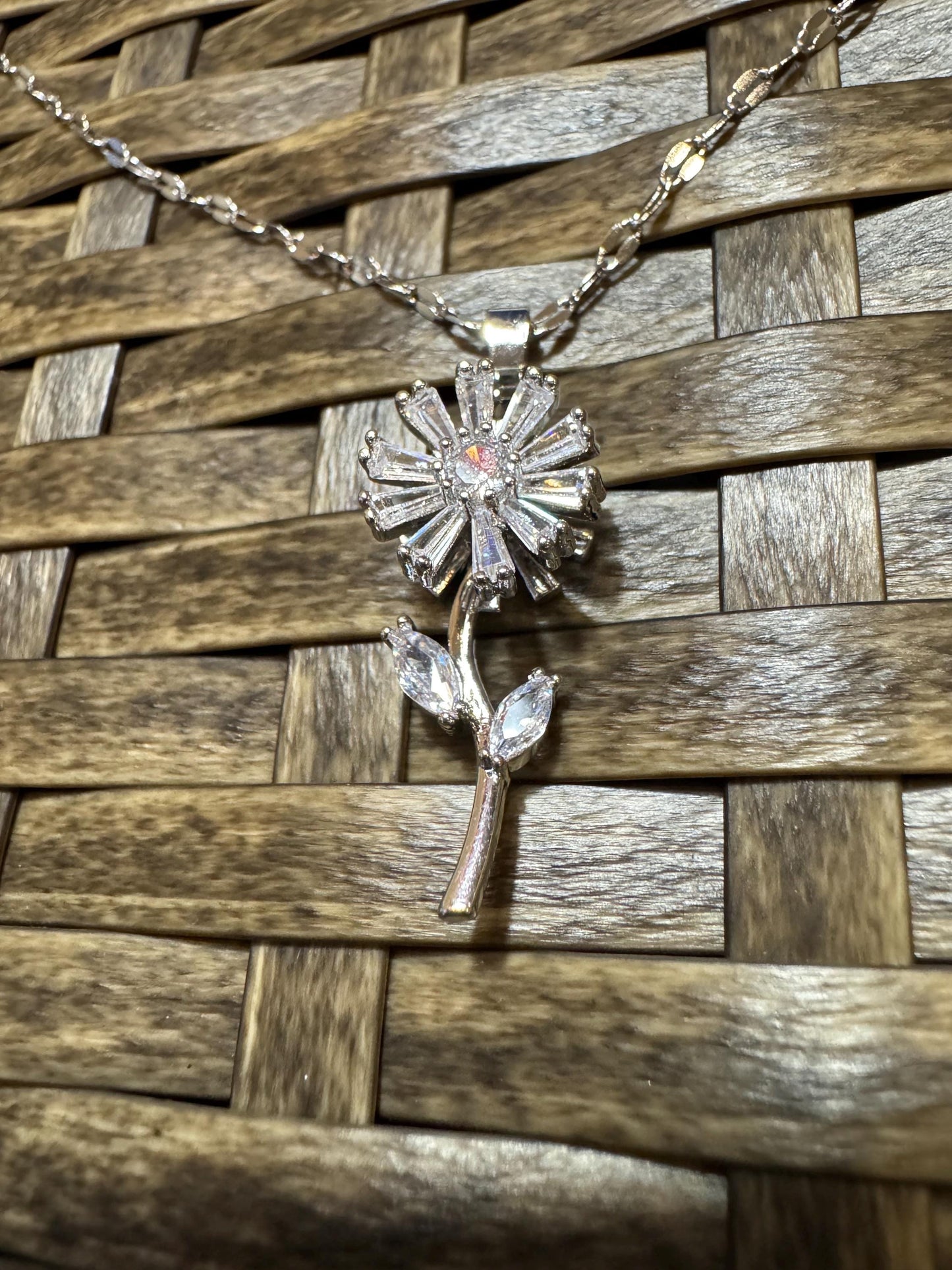 Silver Spinning Sunflower (Type #2) Necklace with Cubic Zirconia – Anxiety Relief Jewelry