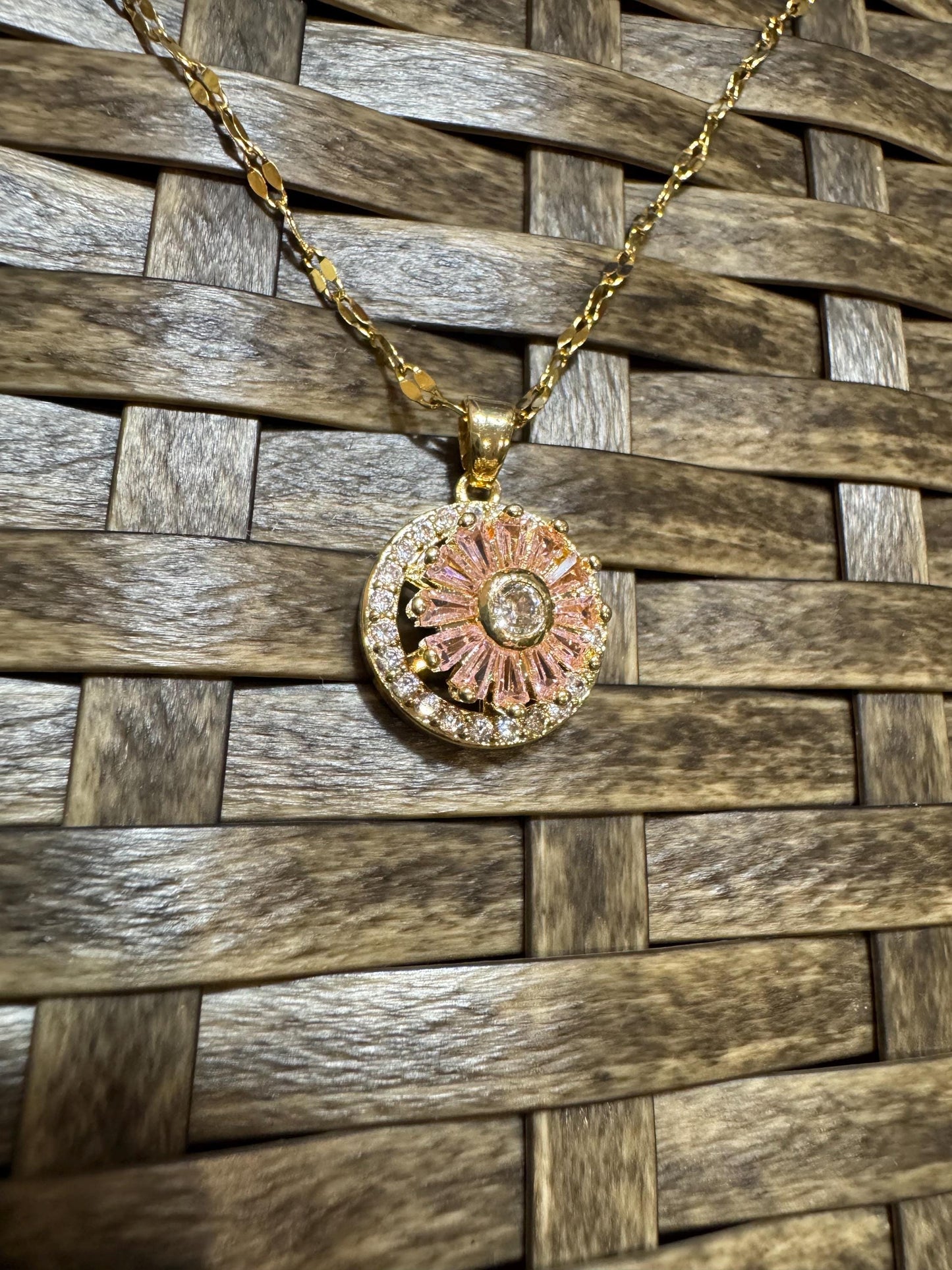Spinning Pink Sunflower Necklace – Dainty CZ Spinner Pendant for Stress Relief