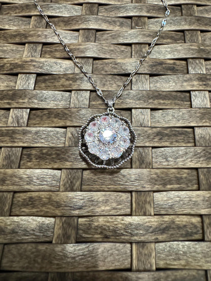 Silver Spinning Dahlia Blossom Necklace with Cubic Zirconia – Anxiety Relief Jewelry