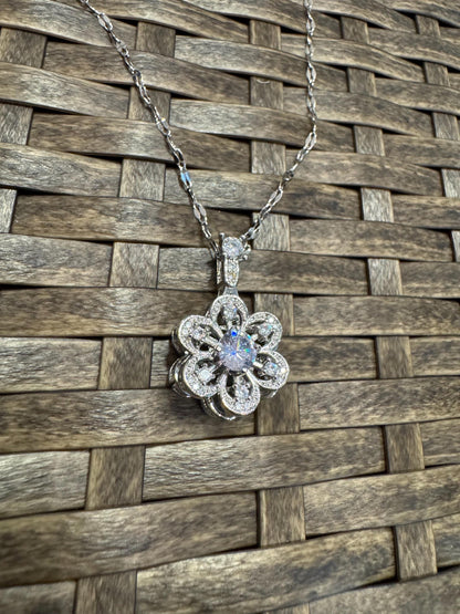 Silver Spinning Flower Charm Necklace with Cubic Zirconia – Anxiety Relief Jewelry