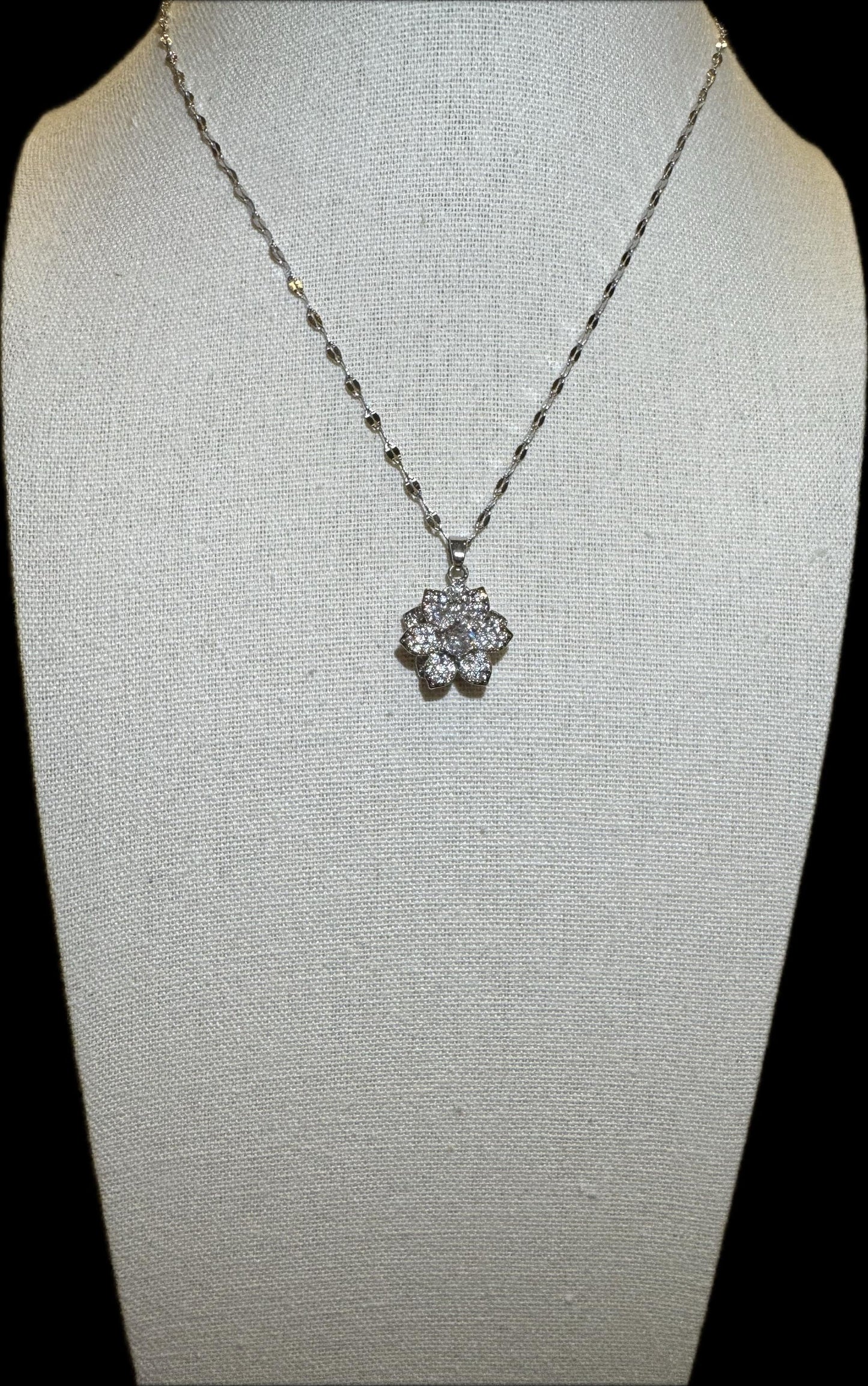 Silver Spinning Lily Blossom Necklace with Cubic Zirconia – Anxiety Relief Jewelry