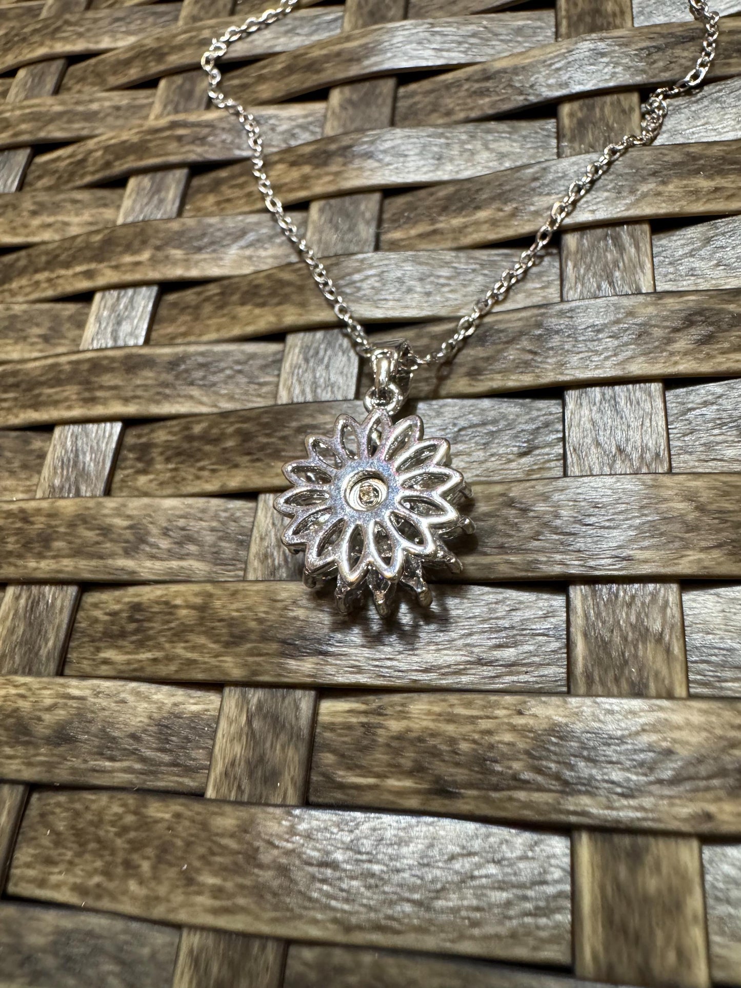 Silver Spinning Sunflower (Type #1) Necklace with Cubic Zirconia – Anxiety Relief Jewelry