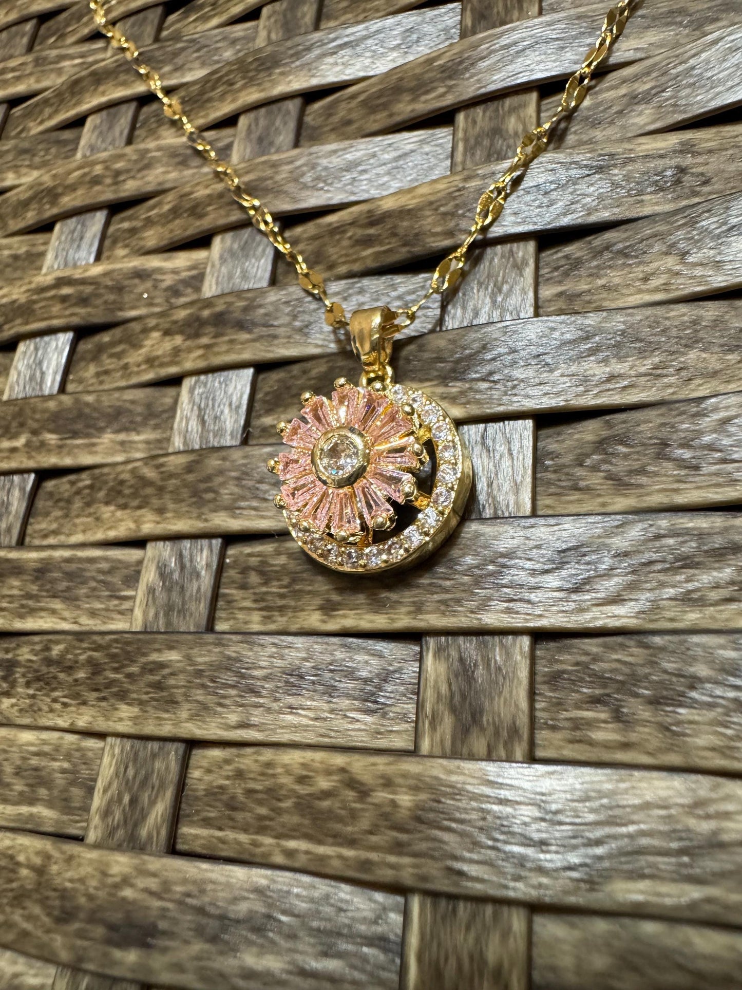 Spinning Pink Sunflower Necklace – Dainty CZ Spinner Pendant for Stress Relief