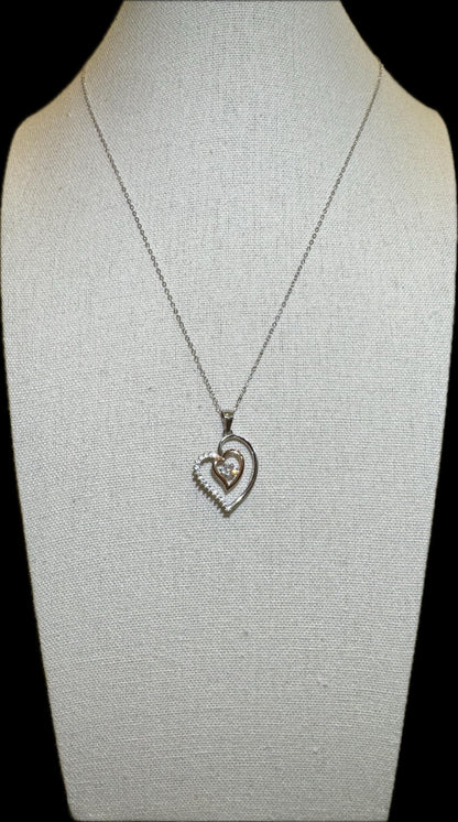 Sterling Silver Double Heart Pendant Necklace with Cubic Zirconia Center – Romantic Gift for Her