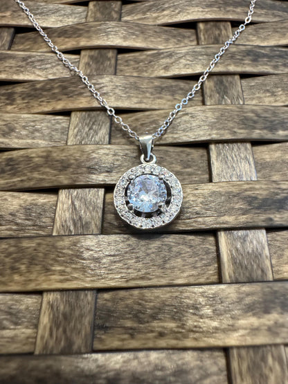 Sterling Silver Round Halo Pendant Necklace – Dainty Cubic Zirconia Sparkle for Everyday Elegance & Gifting