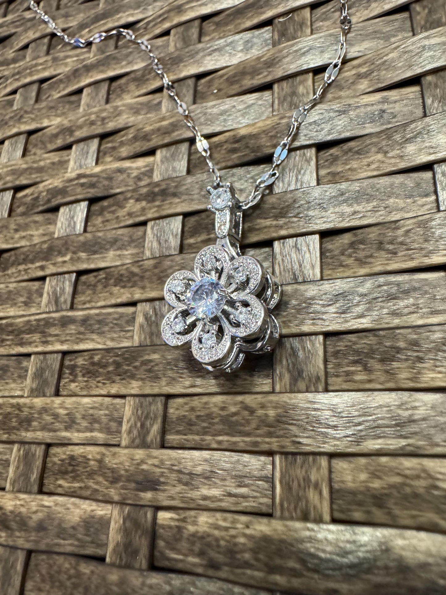 Silver Spinning Flower Charm Necklace with Cubic Zirconia – Anxiety Relief Jewelry