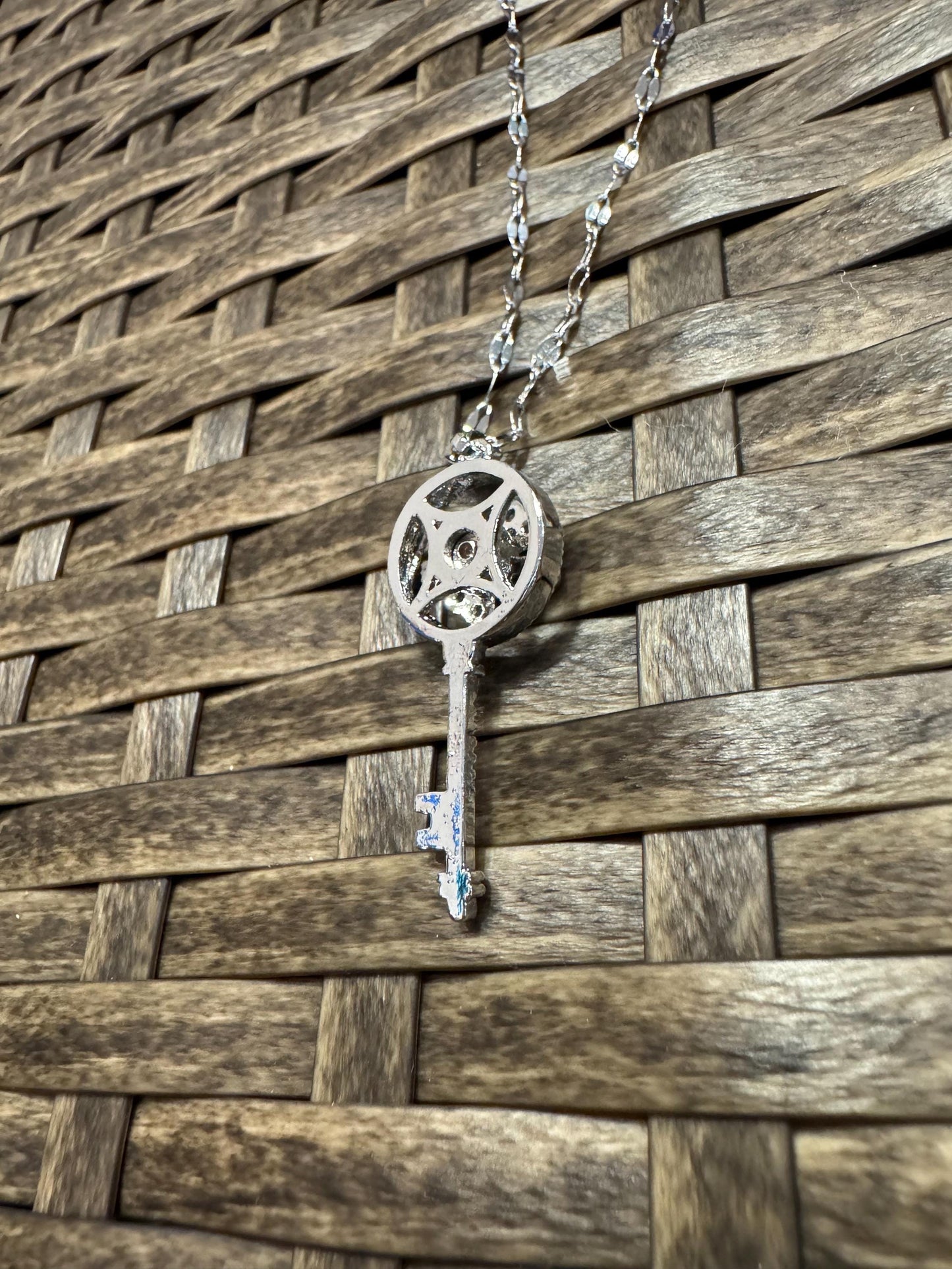 Silver Spinning Key-Shape (Type #1) Necklace with Cubic Zirconia – Anxiety Relief Jewelry