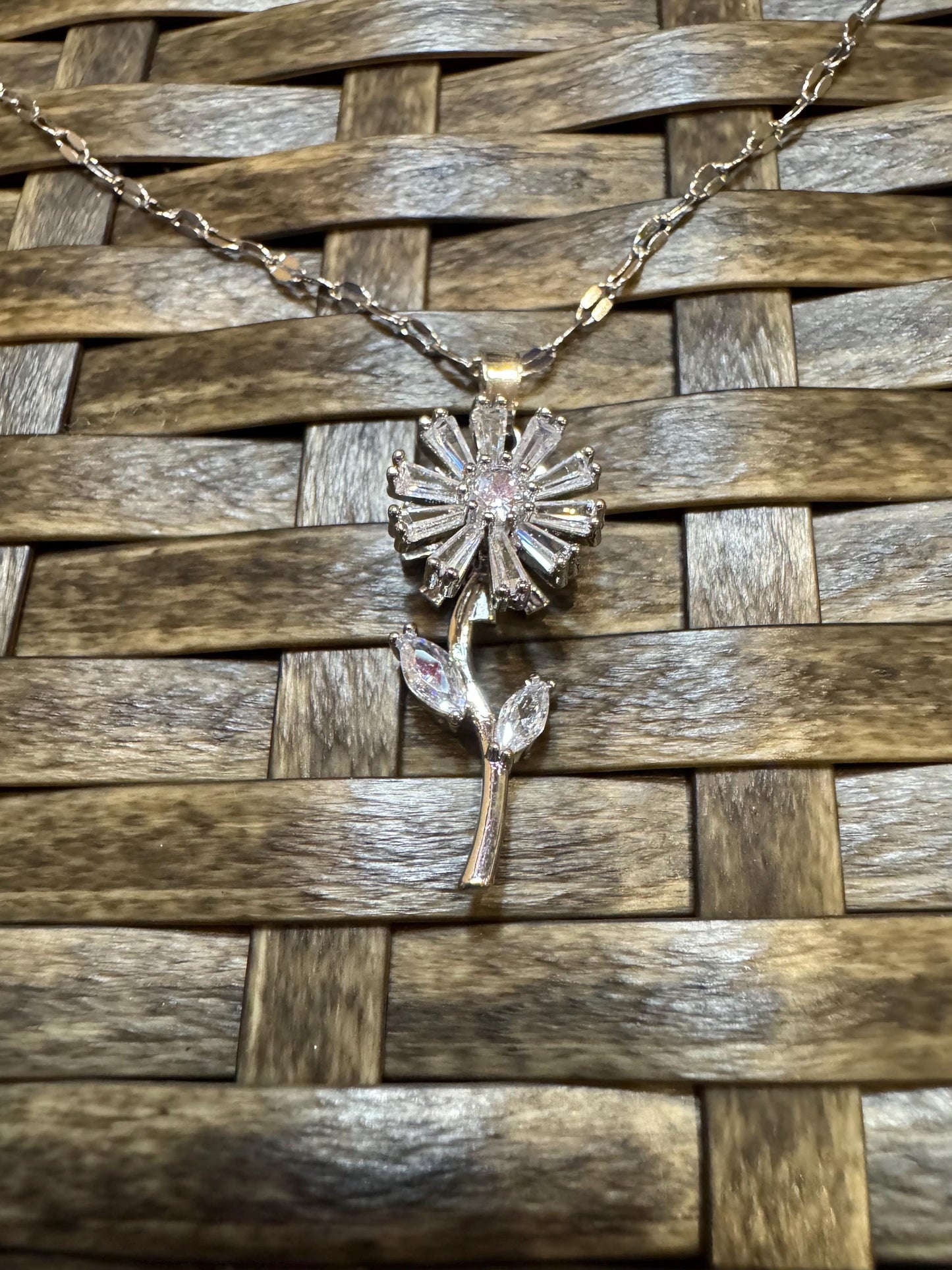 Silver Spinning Sunflower (Type #2) Necklace with Cubic Zirconia – Anxiety Relief Jewelry