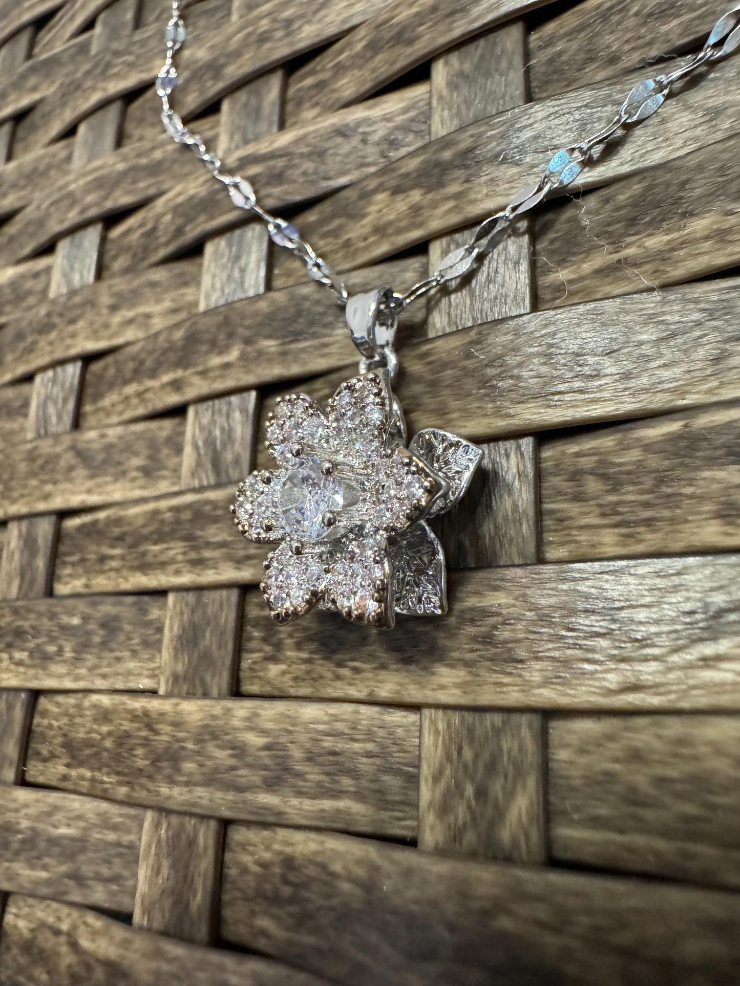 Silver Spinning Lily Blossom Necklace with Cubic Zirconia – Anxiety Relief Jewelry