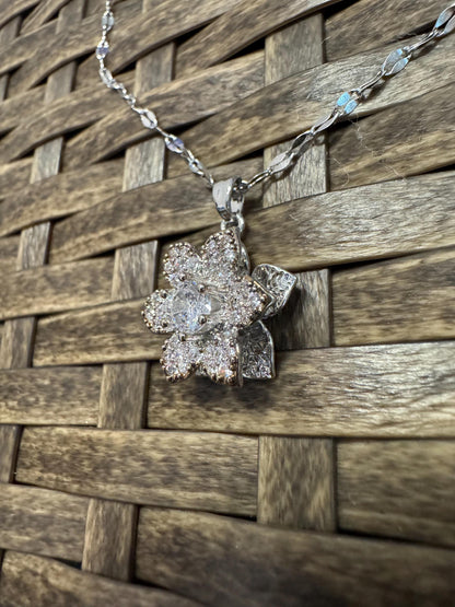 Silver Spinning Lily Blossom Necklace with Cubic Zirconia – Anxiety Relief Jewelry