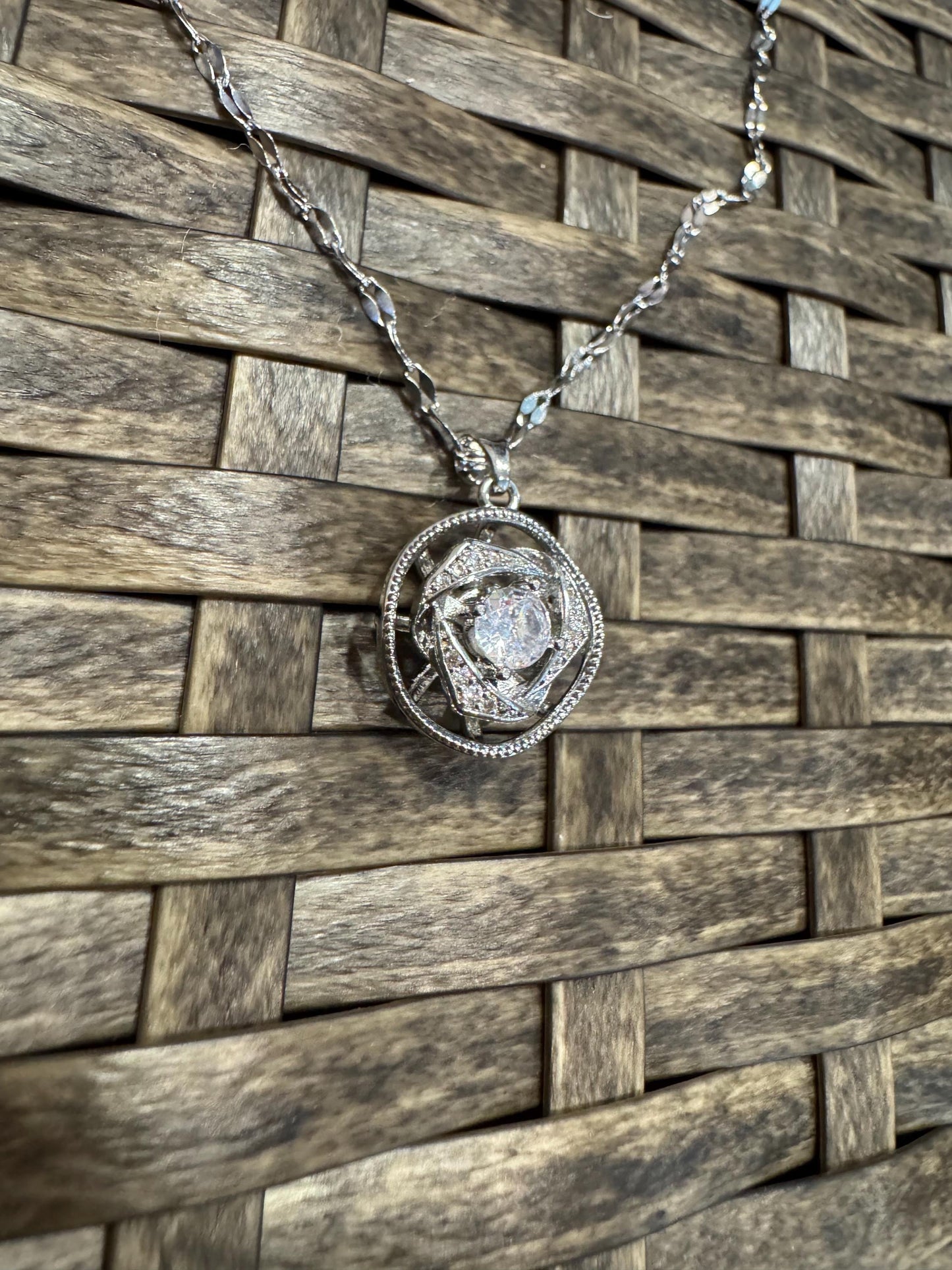 Silver Spinning Rose Blossom Necklace with Cubic Zirconia – Anxiety Relief Jewelry