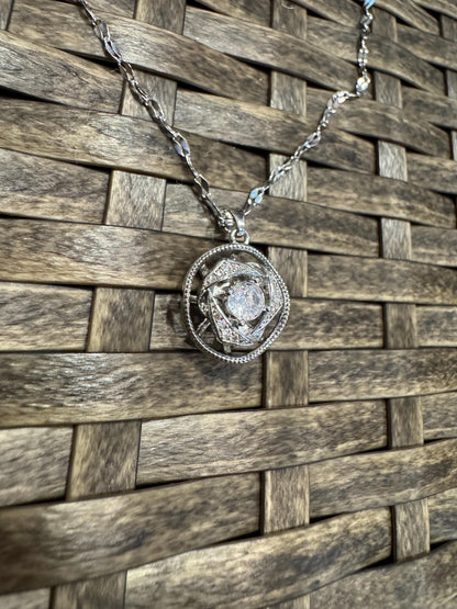 Silver Spinning Rose Blossom Necklace with Cubic Zirconia – Anxiety Relief Jewelry