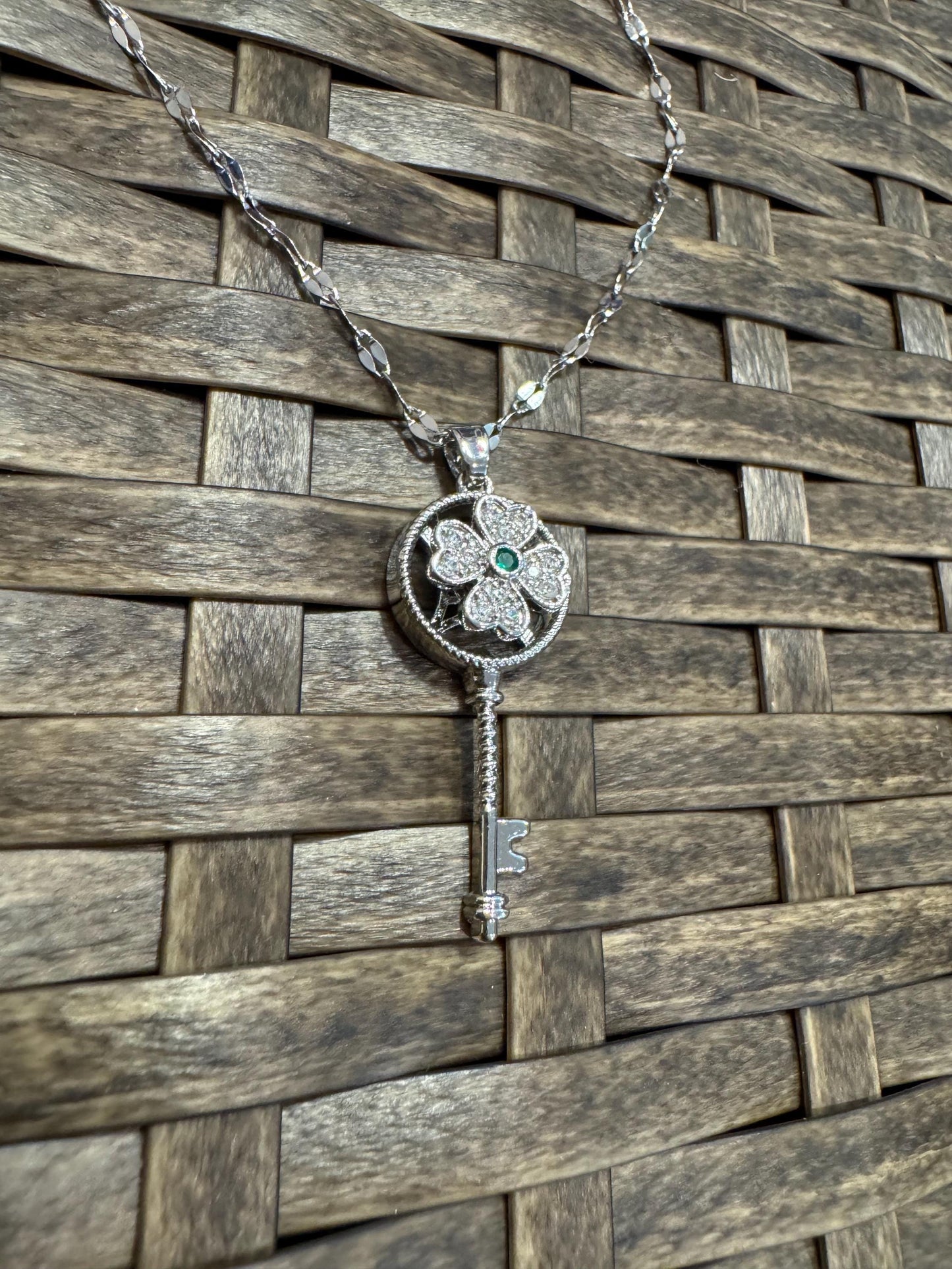 Silver Spinning Key-Shape (Type #1) Necklace with Cubic Zirconia – Anxiety Relief Jewelry