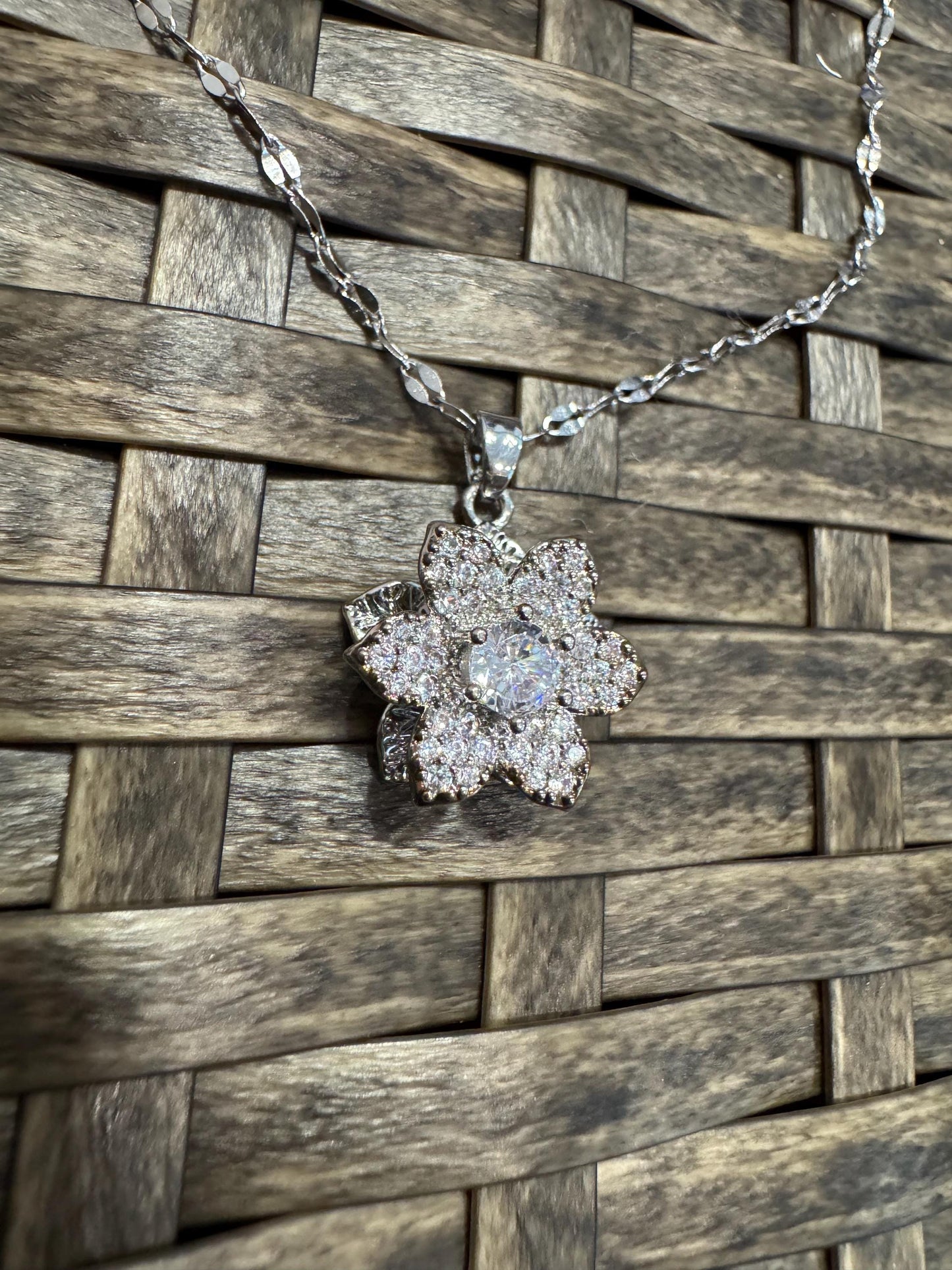 Silver Spinning Lily Blossom Necklace with Cubic Zirconia – Anxiety Relief Jewelry