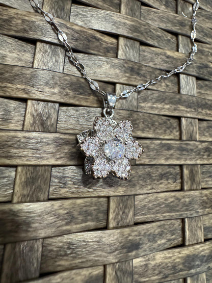 Silver Spinning Lily Blossom Necklace with Cubic Zirconia – Anxiety Relief Jewelry