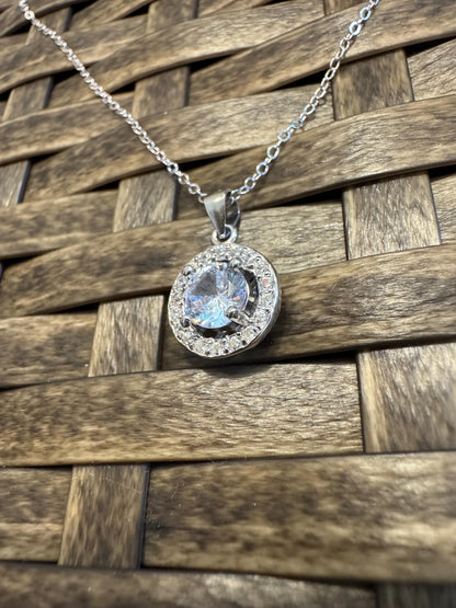 Sterling Silver Round Halo Pendant Necklace – Dainty Cubic Zirconia Sparkle for Everyday Elegance & Gifting