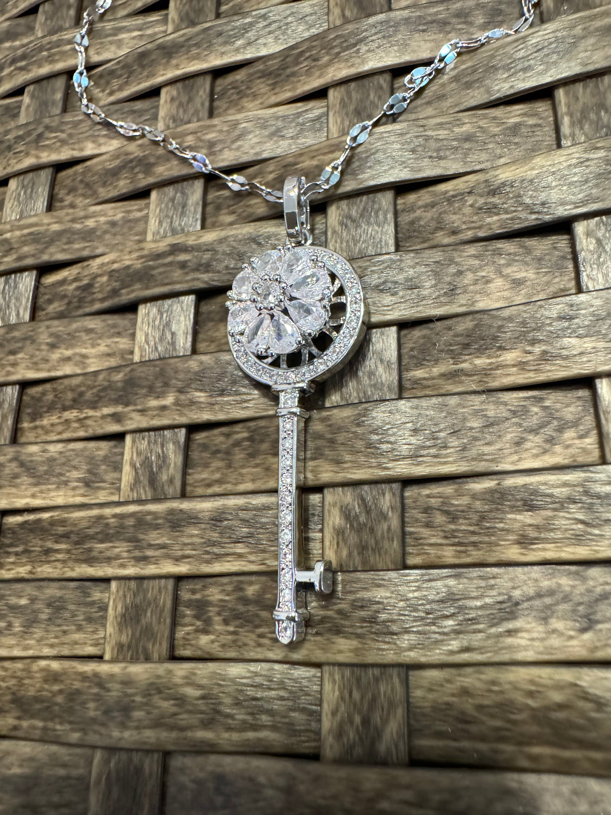 Silver Spinning Key-Shape (Type #3) Necklace with Cubic Zirconia – Anxiety Relief Jewelry (Copy)