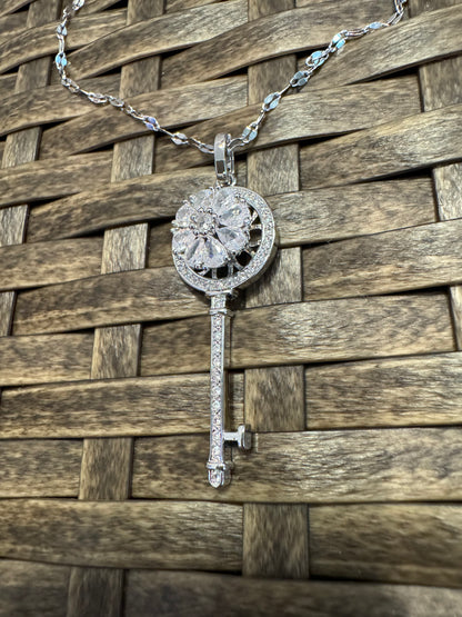 Silver Spinning Key-Shape (Type #3) Necklace with Cubic Zirconia – Anxiety Relief Jewelry (Copy)