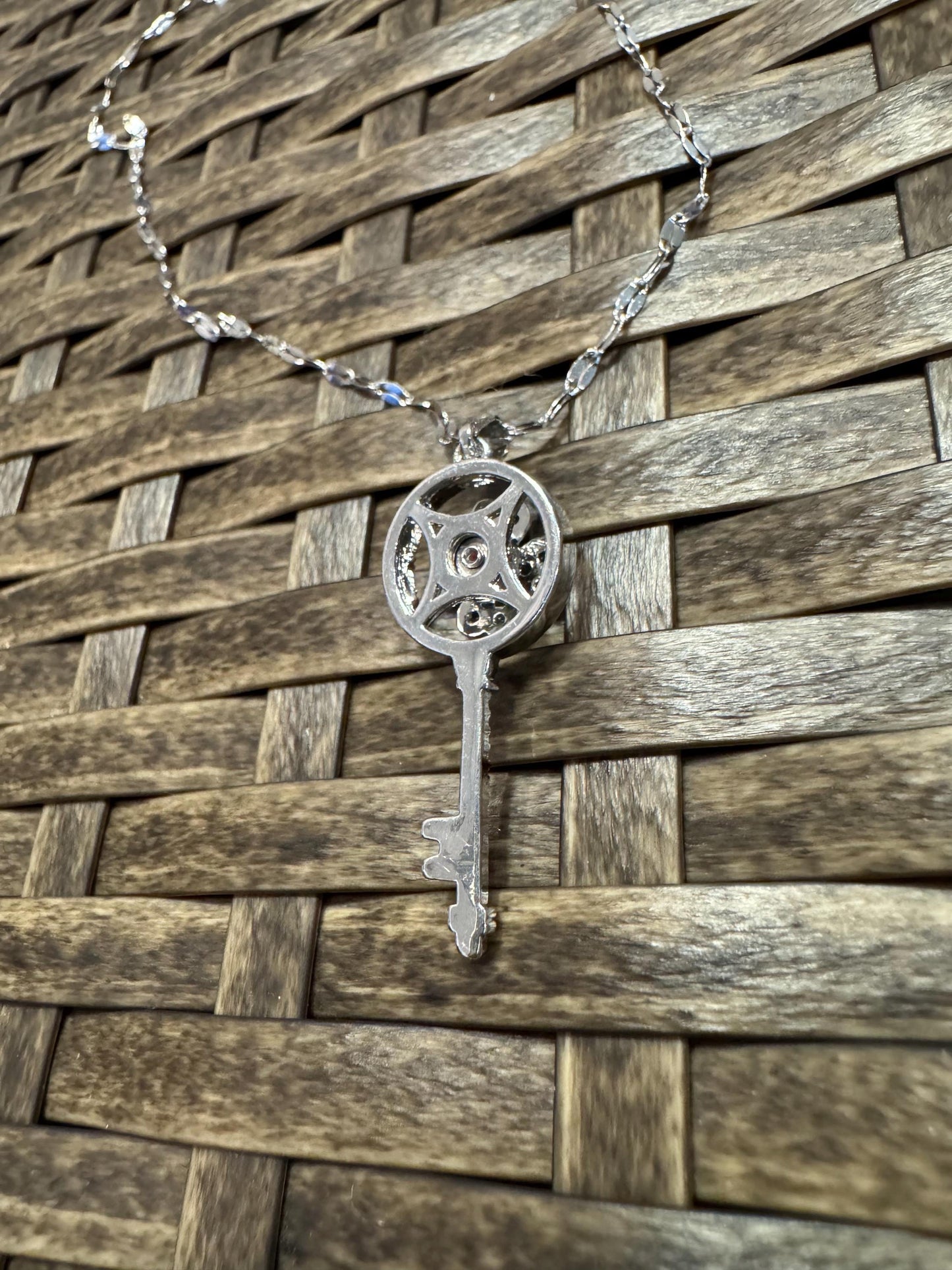 Silver Spinning Key-Shape (Type #2) Necklace with Cubic Zirconia – Anxiety Relief Jewelry