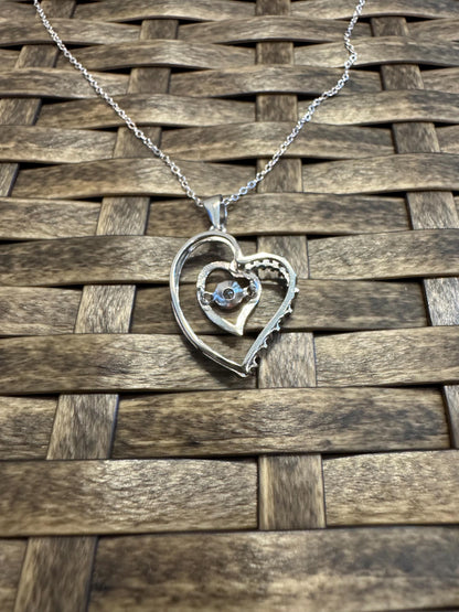 Sterling Silver Double Heart Pendant Necklace with Cubic Zirconia Center – Romantic Gift for Her