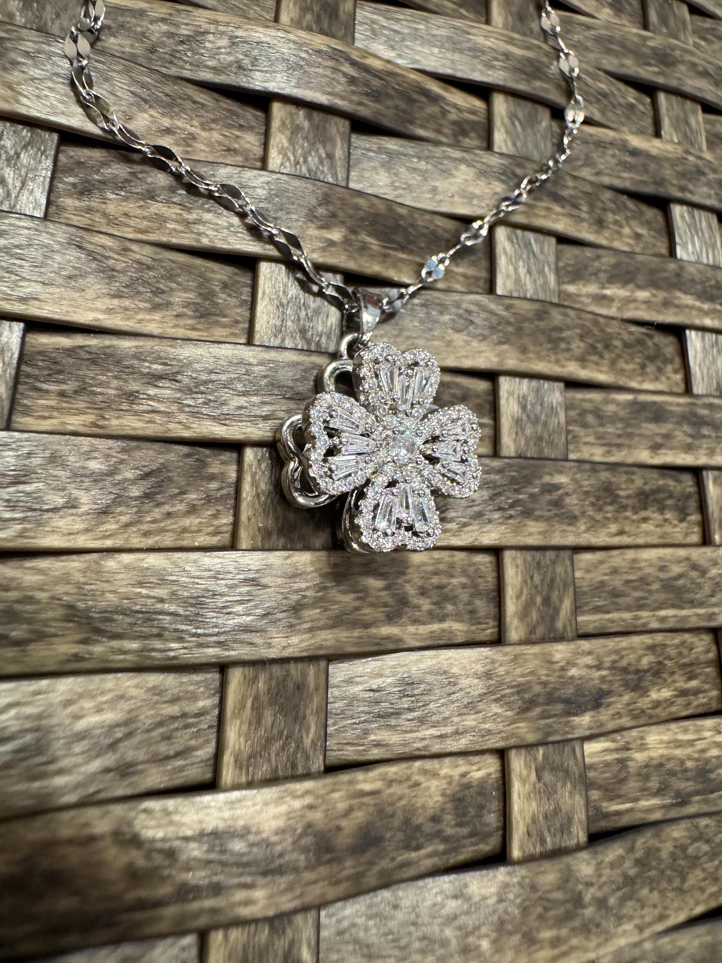 Silver Spinning Clover Necklace with Cubic Zirconia – Anxiety Relief Jewelry