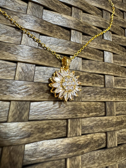 Gold Spinning Sunflower (Type #1) Necklace with Cubic Zirconia – Anxiety Relief Jewelry