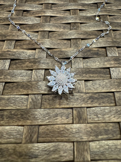 Silver Spinning Sunflower (Type #3) Necklace with Cubic Zirconia – Anxiety Relief Jewelry (Copy)
