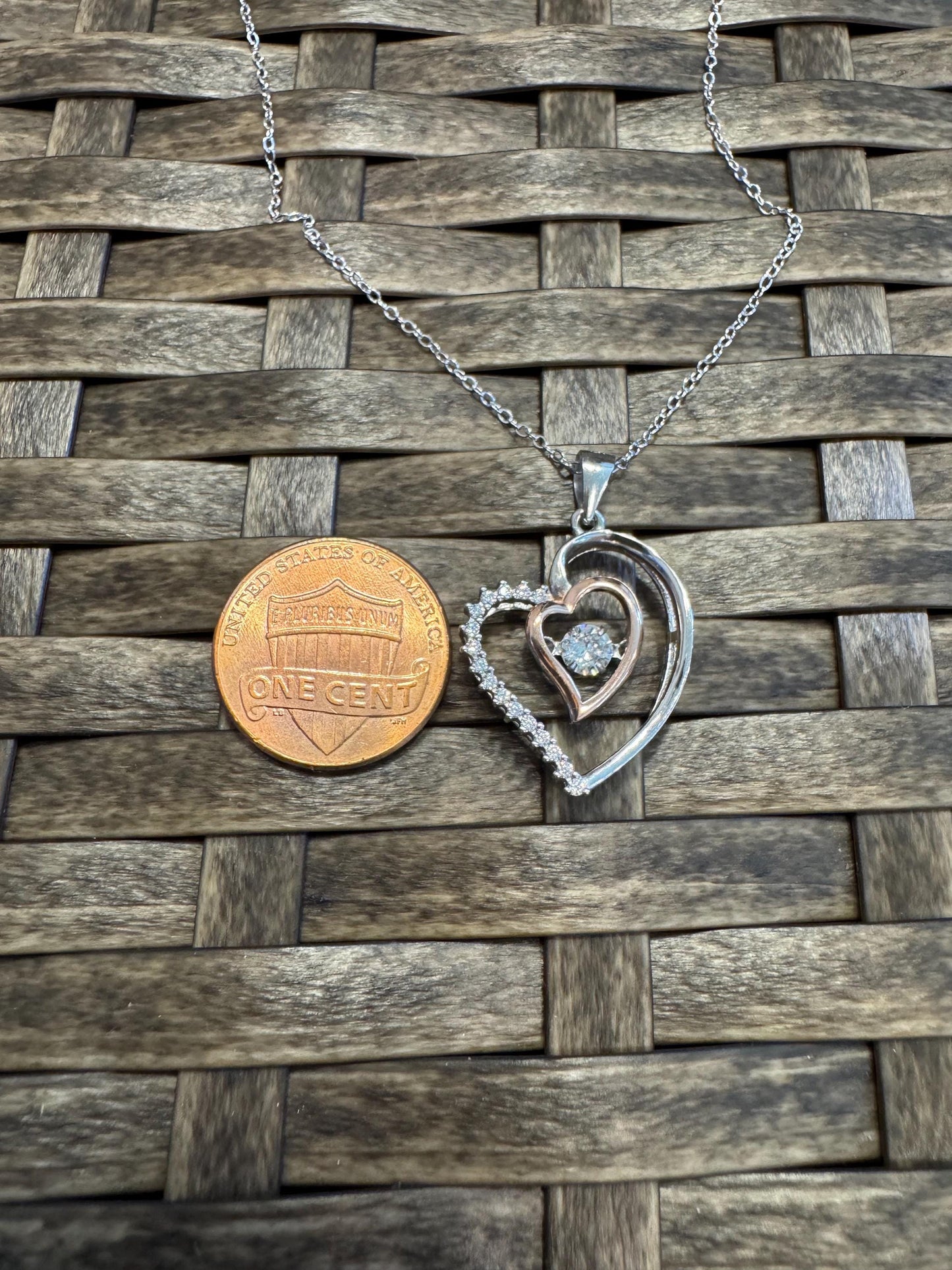 Sterling Silver Double Heart Pendant Necklace with Cubic Zirconia Center – Romantic Gift for Her