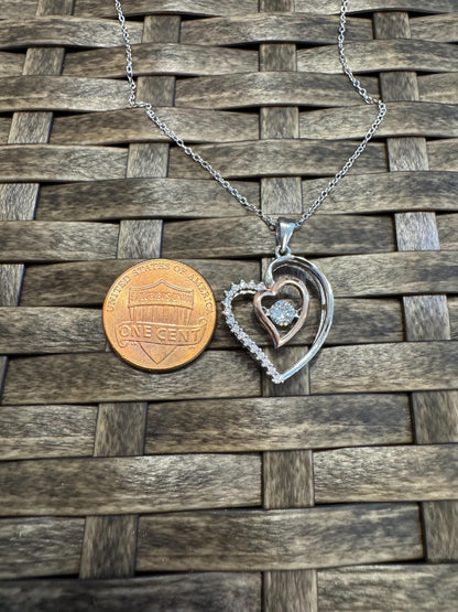 Sterling Silver Double Heart Pendant Necklace with Cubic Zirconia Center – Romantic Gift for Her