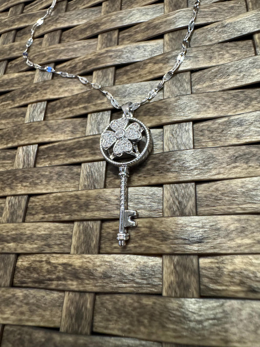 Silver Spinning Key-Shape (Type #2) Necklace with Cubic Zirconia – Anxiety Relief Jewelry