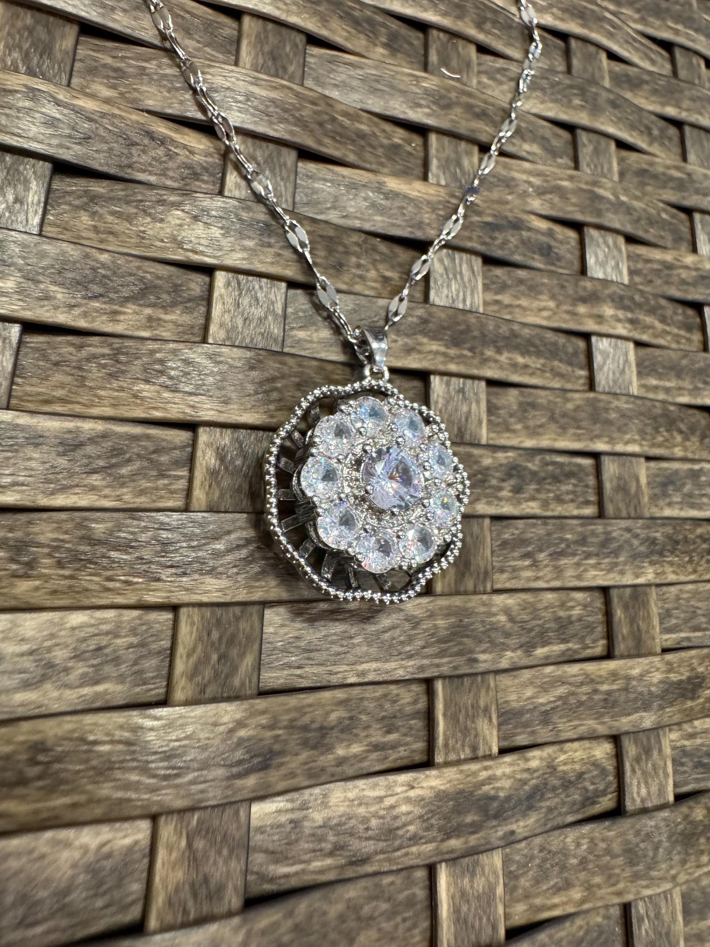 Silver Spinning Dahlia Blossom Necklace with Cubic Zirconia – Anxiety Relief Jewelry